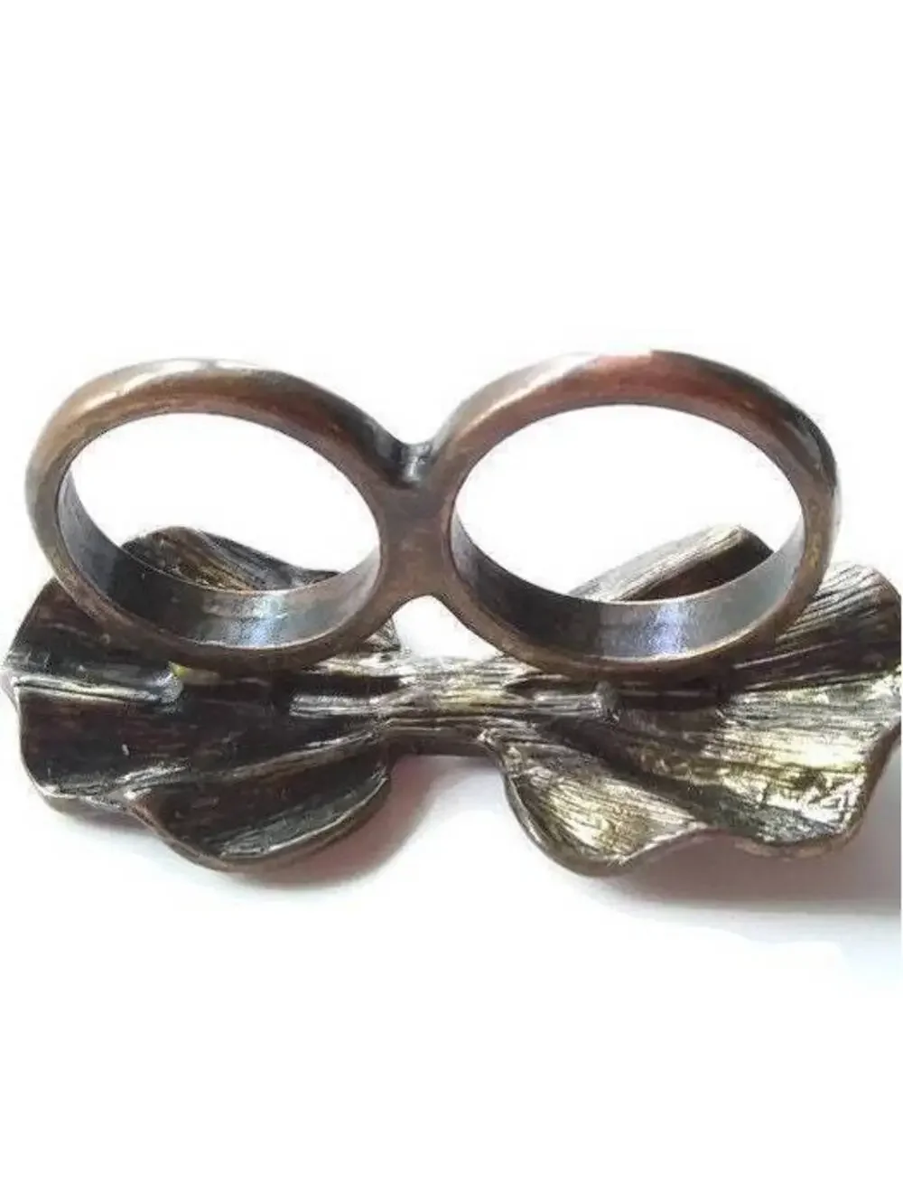 Vintage Brass Tone & Rhinestones Two Finger Ring, Bow Ring, Double Finger Ring.